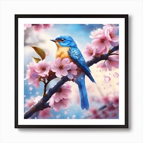 Blue Bird and Cherry Blossom in Spring Rain Art Print