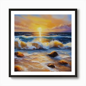 The sea. Beach waves. Beach sand and rocks. Sunset over the sea. Oil on canvas artwork.2 Art Print