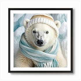 Polar Bear Cub Donning A Handcrafted Knit Cap And Scarf White Fluffy Fur Against A Snowy Backdrop Art Print