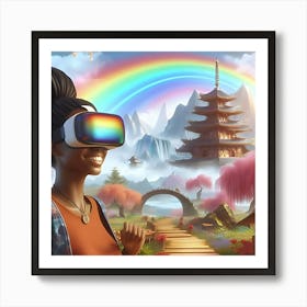 A Happy Woman Wearing A Vr Headset In A Shangri La With A Rainbow, Digital Art Art Print