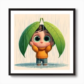 Cute child covering herself from rain Art Print