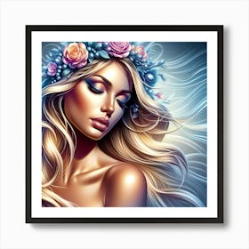 Beautiful Woman With Flowers In Her Hair 1 Art Print