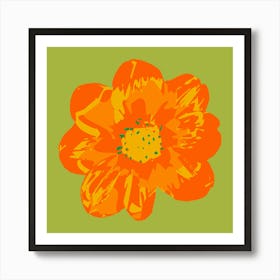 COSMIC COSMOS Single Abstract Floral Summer Bright Flower in Coral Orange Yellow on Lime Green Art Print