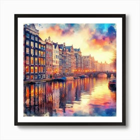 Amsterdam Canal Houses Reflected In A Dreamy Watercolor Sunset, Style Watercolor 1 Art Print