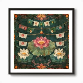 Wesak Banner Texture With Buddhist Prayer Flags Art Print