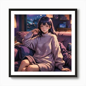 Anime girl relaxing on the couch 3 Art Print