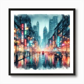 Rain Soaked Cityscape With Neon Lights Reflecting On Wet Pavement (4) Art Print