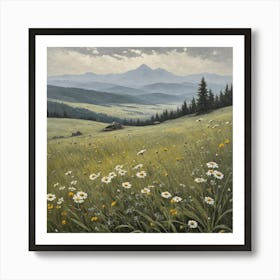 vintage oil painting of wild flowers in a meadow, mountains in the background 2 Art Print