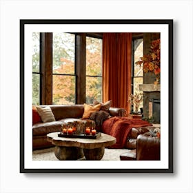 Autumn Living Room Embracing The Essence Of Comfort With A Palette Of Warm Oranges Reds And Golds (2) Art Print