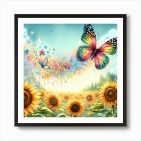 Sunflowers And Butterflies Art Print