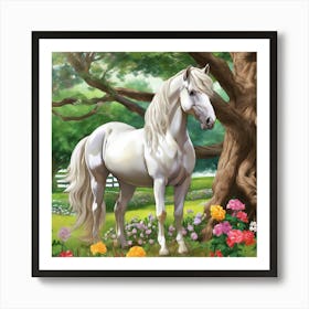 White Horse In The Garden Art Print
