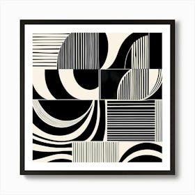 Retro Inspired Linocut Abstract Shapes Black And White Colors art, 221 Art Print