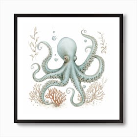 Cute Storybook Style Octopus With Plants 2 Art Print