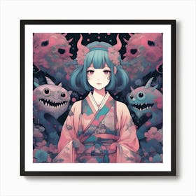 Anime Girl With Monsters Art Print