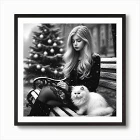 Black And White Girl With Cat Art Print