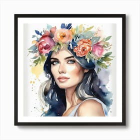 woman portrait with flowers head crown 2 2 Art Print