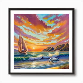 Dolphins At Sunset Art Print