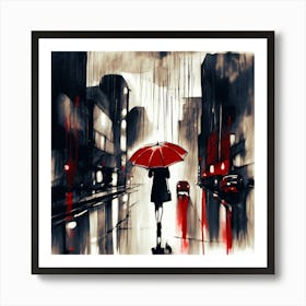 Rainy Day, Busy City, Charcoal, Woman Holding Umbrella, Red Art Print