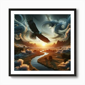 3 Dimensional Eagle Flying Over A Field Creek Sunset Clouds Swirling Art Print