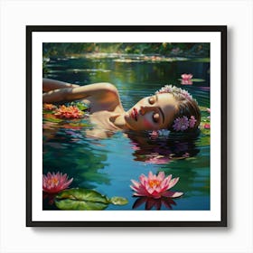 A gracefully floating water nymph, her delicate form surrounded by a tranquil garden of ethereal water blossoms. The petals of these flowers convey a range of emotions, shifting gently with the breeze that ripples through the crystal clear water. The aquatic stems showcase a vibrant array of colors, dazzling the eyes with their beauty. This captivating scene is depicted in a stunningly detailed painting, where every aspect is brought to life with rich and vibrant hues against green surroundings, crossing reality and illusion, highly detailed, cinematic scene, dramatic lighting, ultra realistic 2 Art Print