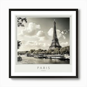 Black And White Image Of Eiffel Tower Overlooking Seine River Affiche