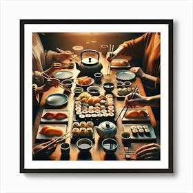 Hands Reaching for Sushi Wall Art: A Cozy Family Meal Scene for Dining Room and Kitchen Decor Print Art Art Print