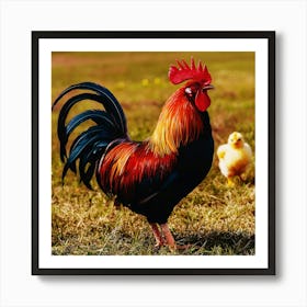 Rooster And Chick In The Field Feliz dia dos Pais typographic Happy fathers day for brazilian portuguese language greeting card postcard and congratulation fathers day dad,daddy,father,fathers day,dad,pai,family illustration wall art, clop art Art Print