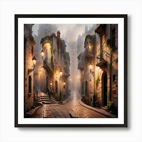 Dreamy Evening Walk: Illuminated Historical European Alley in Fog, City At Night Art Print