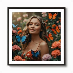 Beautiful Woman With Butterflies In The Garden Art Print