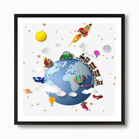 Earth With Cars And Airplanes Art Print