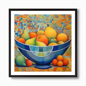 Art Deco still life painting of a fruit bowl filled with exotic fruits in vibrant shades of orange, yellow, and green Art Print