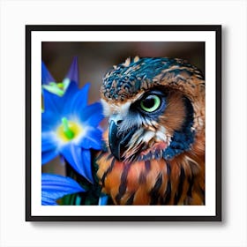 Owl With Blue Flowers 16 Art Print