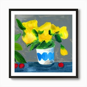 Yellow Flowers And Cherries - still life yellow red blue square Art Print