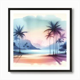 Watercolor Tropical Background With Palm Trees Art Print