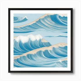 Ocean Waves Gentle Pencil Drawings Of Waves Highlighted Light Blue And Sandy Beige ,Sandy Beige Art Print
