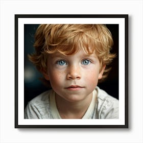 Portrait Of A Little Boy With Strawberry Blond Hair And Blue Eyes Showcasing Freckles Nose Child Affiche