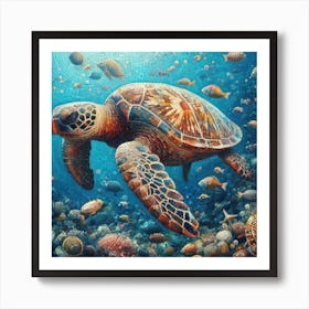 Happy Sea Turtle Mosaic Art Print