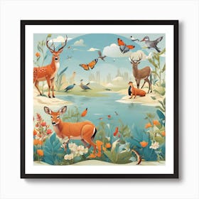 Wild Animals In The Forest Art Print