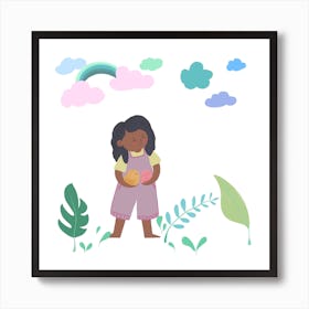 Rainbow Clouds And Plants Illustration Square Art Print