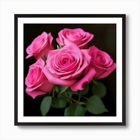 Pink Roses On Black Background 1 Art Print