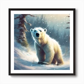 Polar Bear Cub in Snowy Winter Landscape Art Print