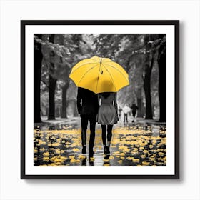 Couple Holding Yellow Umbrella In The Rain Art Print