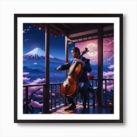 Man playing Cello With Mt Fuji Background Art Print