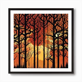 Sunset In The Forest 3,   Forest bathed in the warm glow of the setting sun, forest sunset illustration, forest at sunset, sunset forest vector art, sunset, forest painting,dark forest, landscape painting, nature vector art, Forest Sunset art, trees, pines, spruces, and firs, orange and black.  Art Print