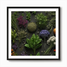 Various Herbs On A Dark Background Art Print