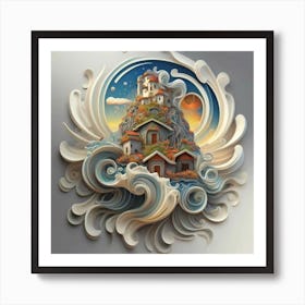 Mountain village sea waves tsunami 6 Art Print