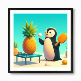 Penguin playing ping pong with a pineapple Art Print