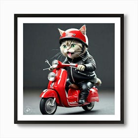 Cat Riding Red Scooter 1 Art Print