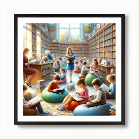 Library Adventures Wall Print Art A Lively Depiction Of Children Exploring Books In A Library, Perfect For Encouraging A Love Of Reading In Any School Environment Art Print