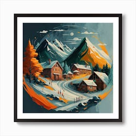 Abstract painting of a mountain village with snow falling 6 Art Print